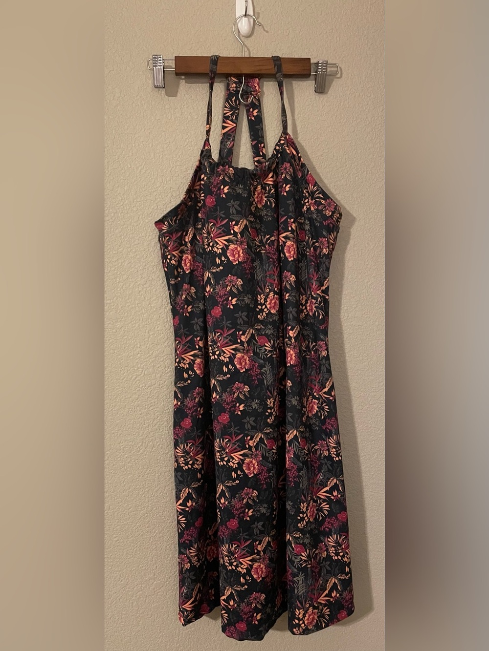 Balance Collection Size XL Floral Halter Sun Dress in Navy with Pink Flowers